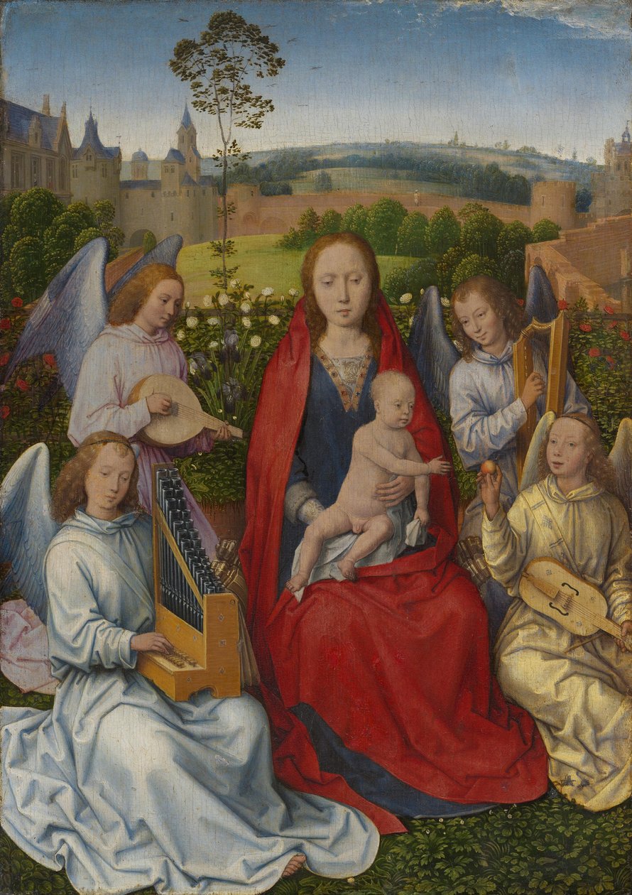 Křídlo diptychu: Panna Maria v růžovém háji od Hans Memling