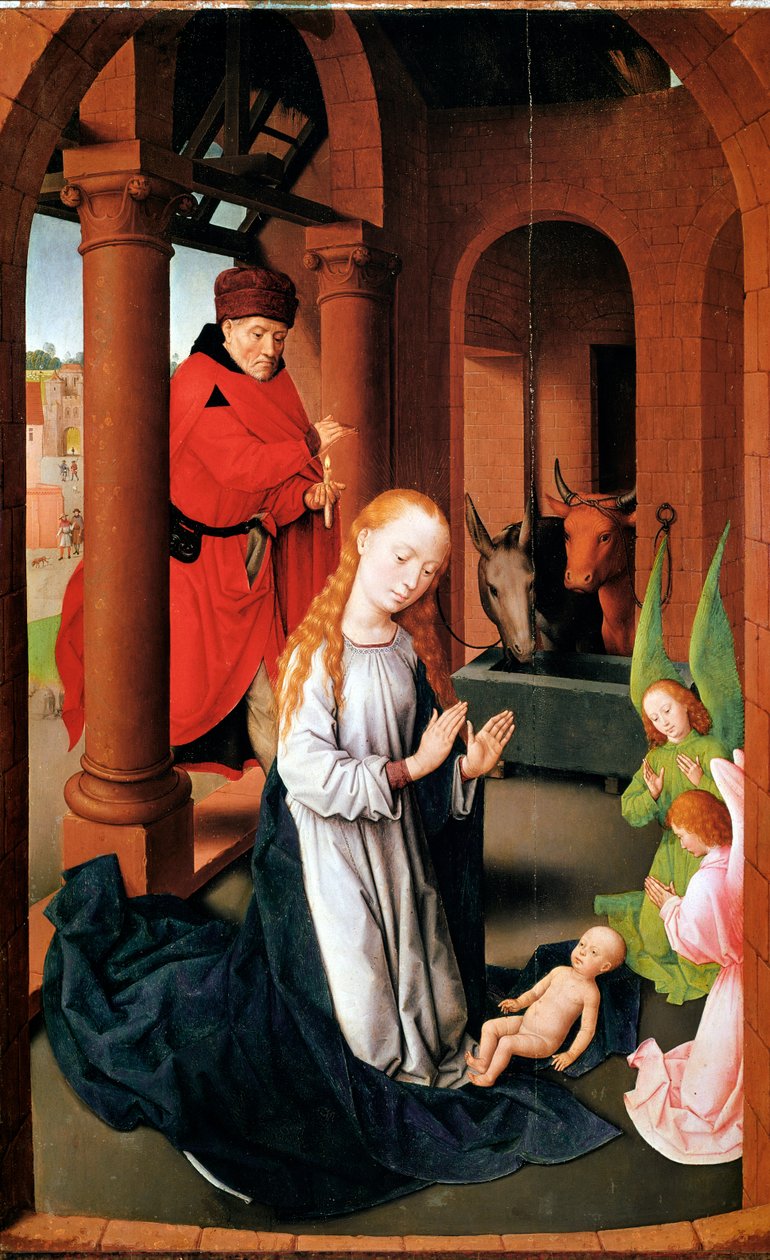 Narození Páně. Levý panel Triptychu adorace (Detrempe na dřevě, kolem roku 1470) od Hans Memling