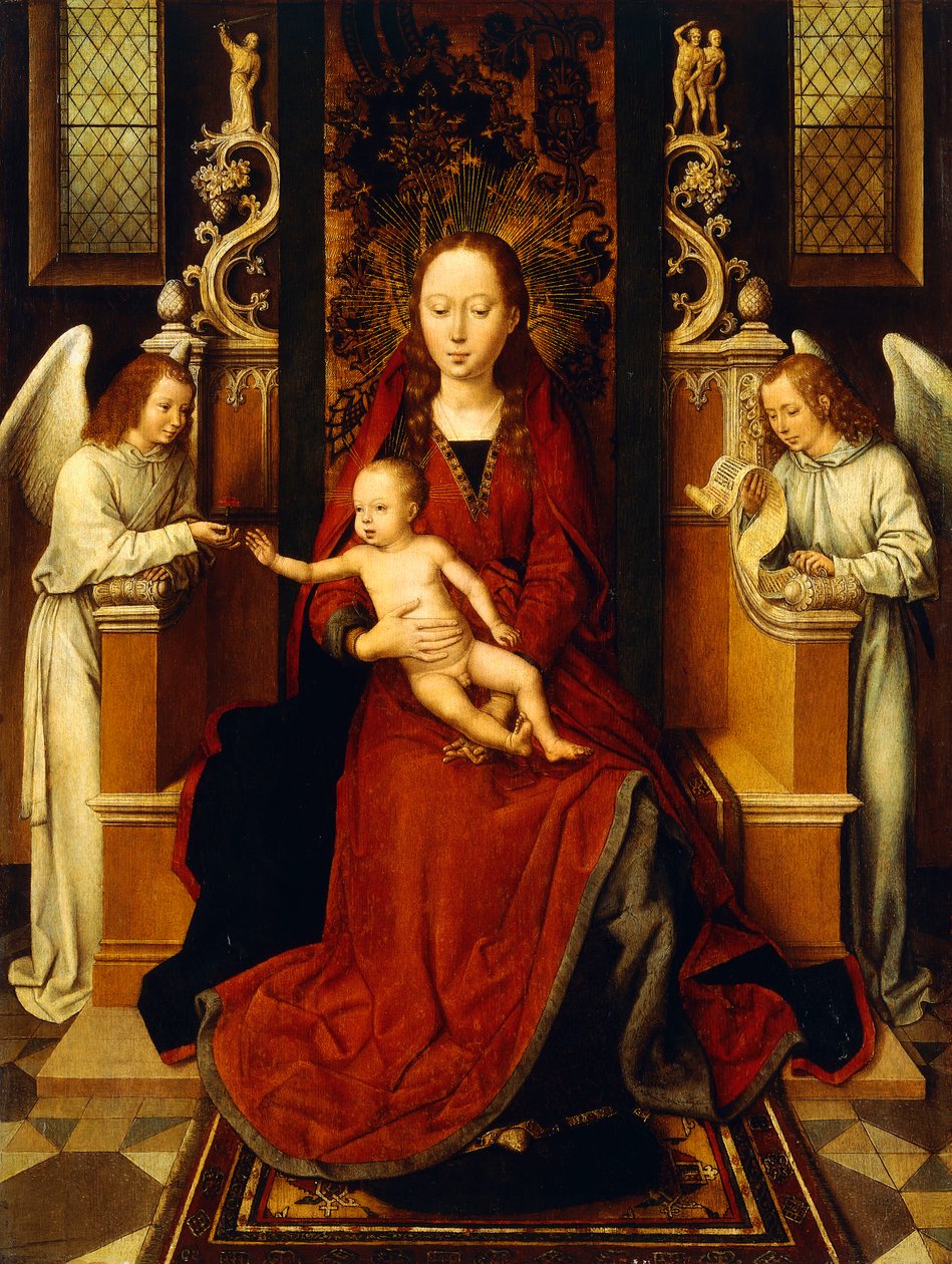 Panna a dítě trůnící se dvěma anděly, od Hans Memling