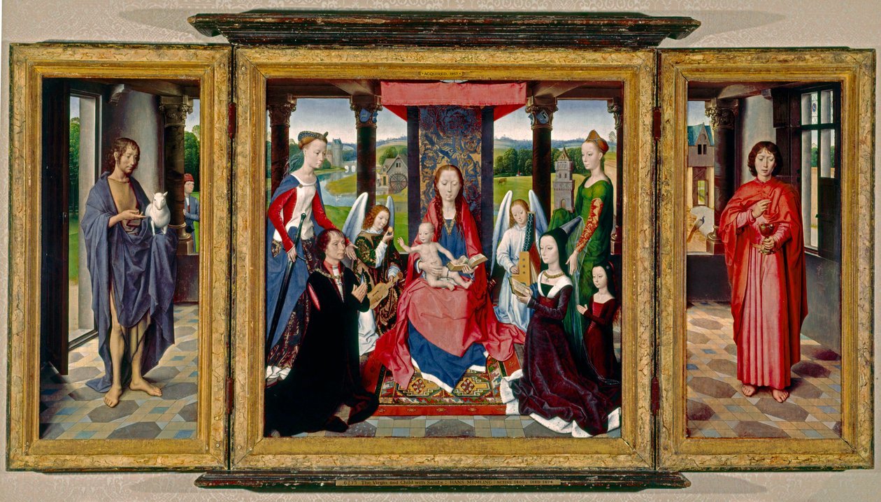 Panna s dítětem se světci a dárci, kolem roku 1478 (olej na dubovém dřevě) od Hans Memling