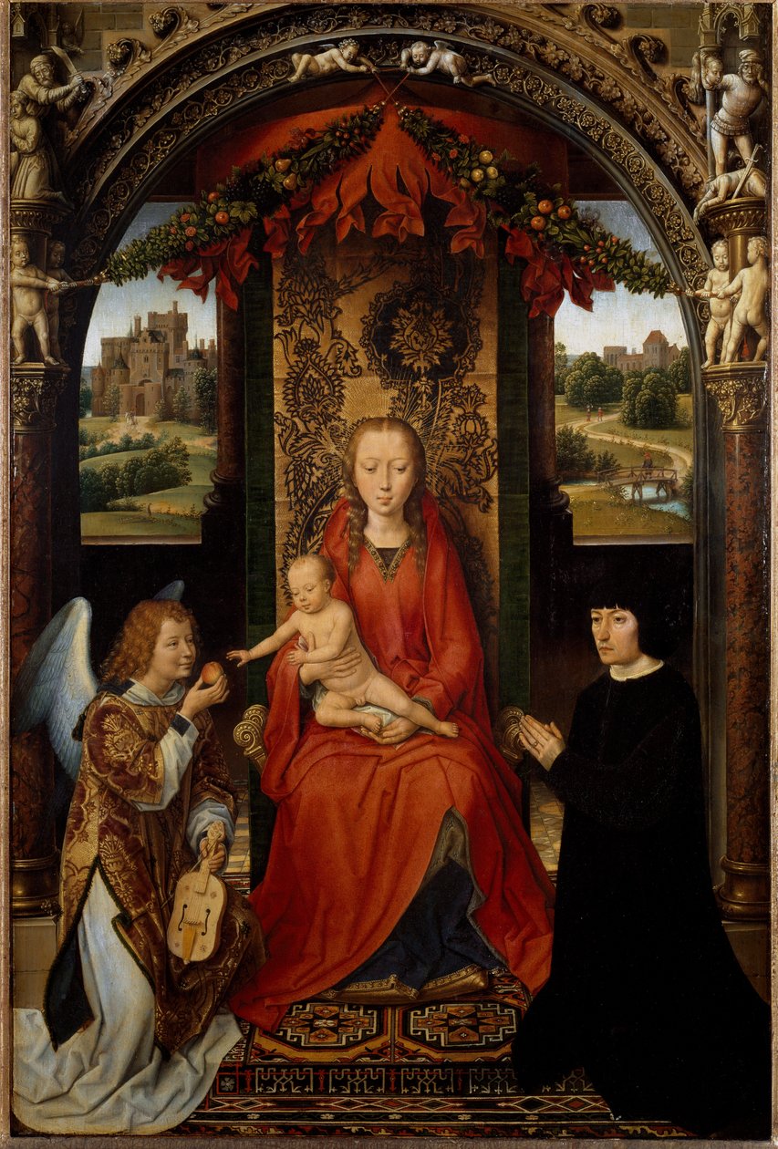 Panna s dítětem s dárcem a hudebním andělem. (Malba, kolem 1485) od Hans Memling