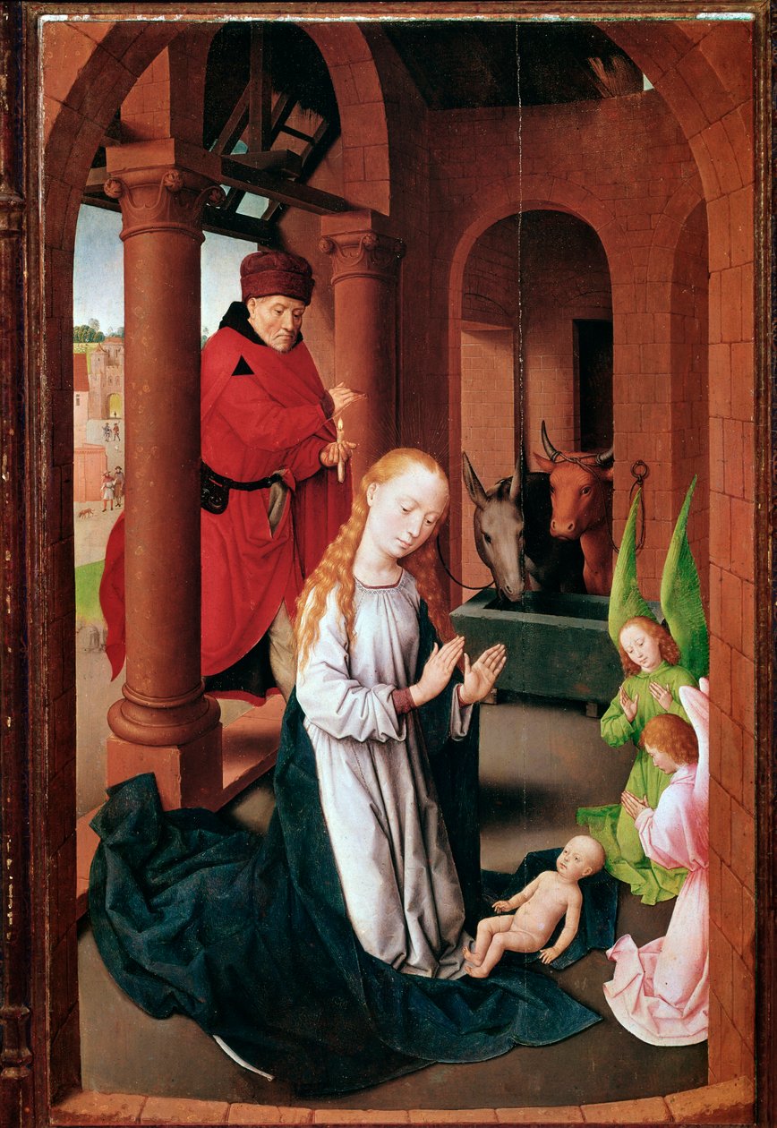 Triptych Prado (nebo Klanění tří králů): Levý panel Nativite (malba, kolem 1470) od Hans Memling