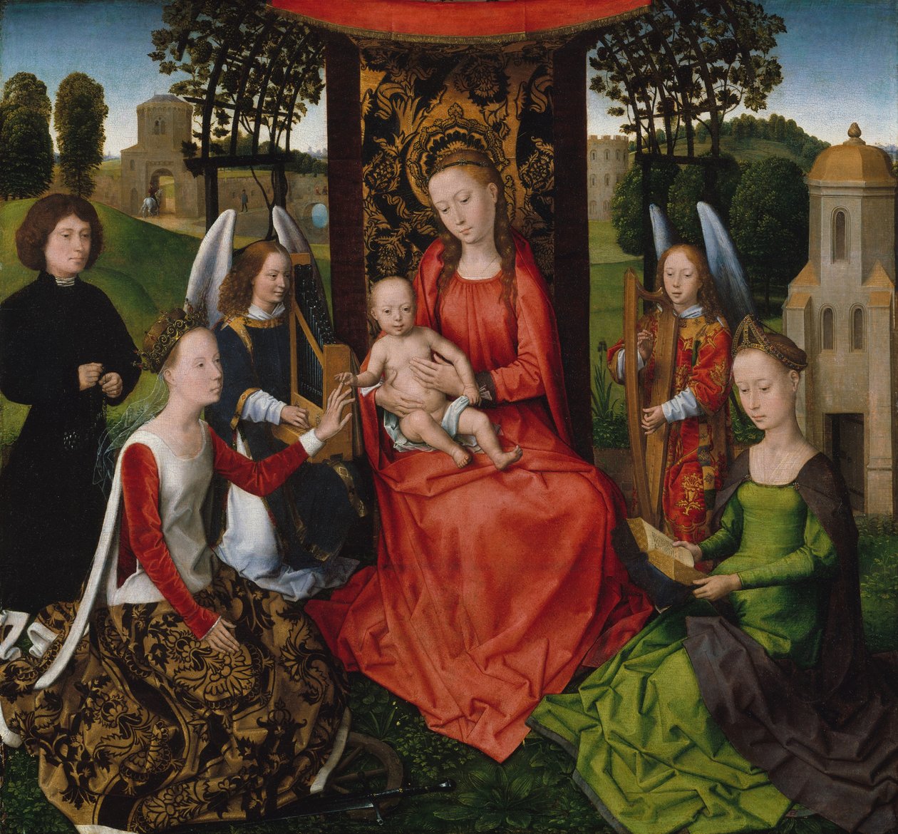 Panna a dítě se svatými Kateřinou Alexandrijskou a Barborou, počátek 80. let 14. století. od Hans Memling