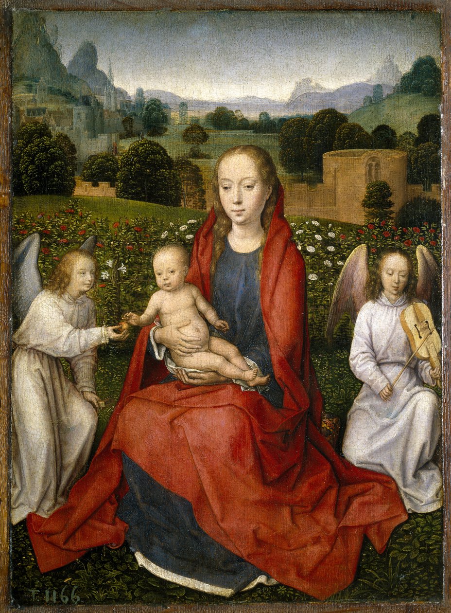 Panna a dítě a dva andělé, 1480-1490 od Hans Memling
