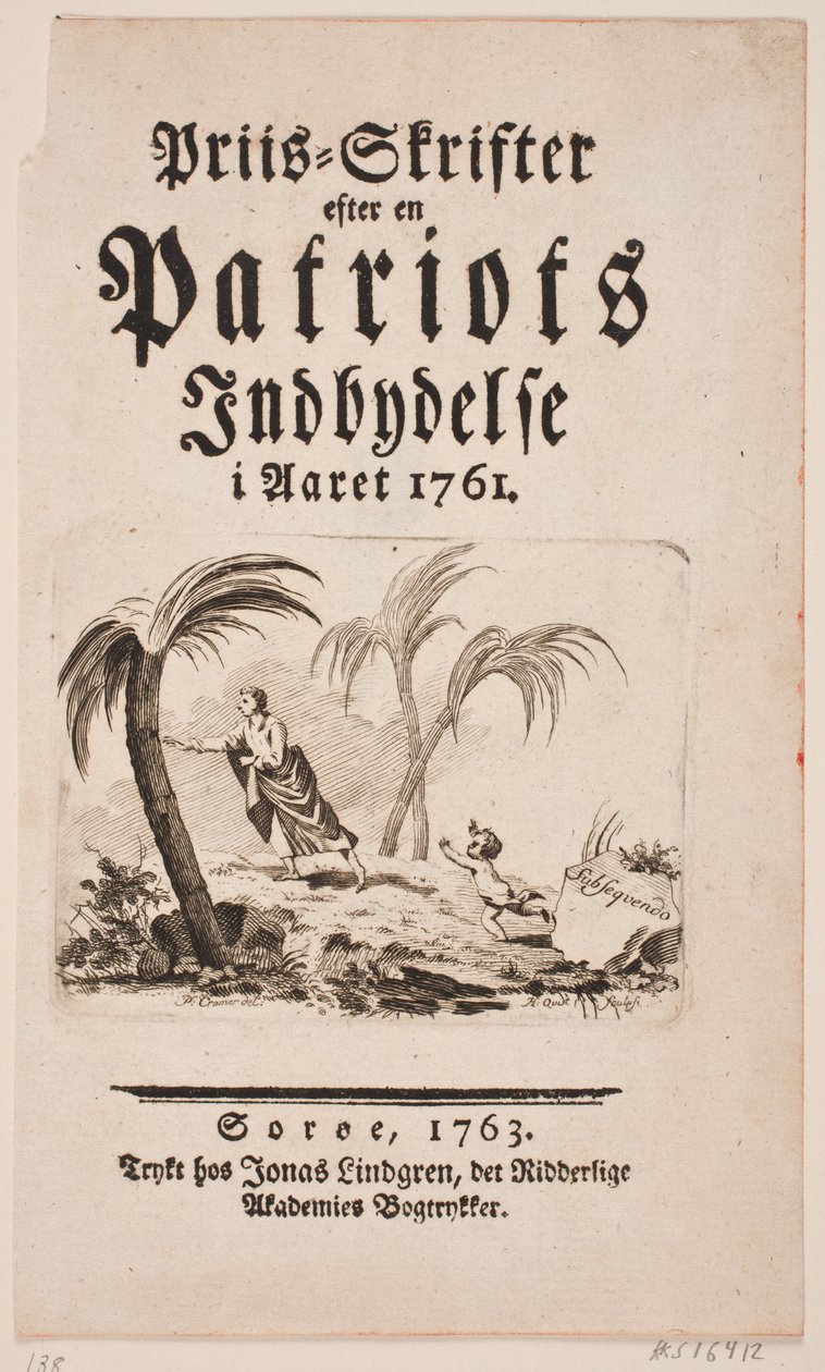Titulní strana s vinětou pro "Prize-Skrifter po pozvání vlastenců v roce 1761" od Hans Quist