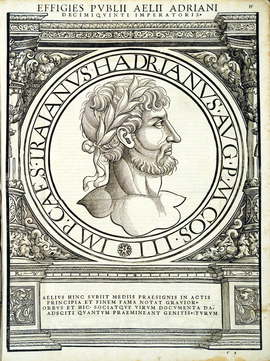 Aelius Hadrianus, ilustrace z Imperatorum romanorum omnium orientalium et occidentalium verissimae imagines ex antiquis numismatis, dřevoryt Rudolpha Wyssenbacha, vytiskl Andreas Gesner, Zuri od Hans Rudolf Manuel Deutsch