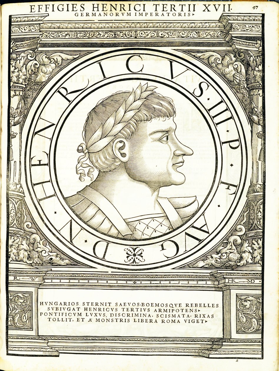 Jindřich III., ilustrace z „Římští císaři celého Východu a Západu“, dřevoryt od Rudolpha Wyssenbacha, tisk Andreas Gesner, Curych od Hans Rudolf Manuel Deutsch
