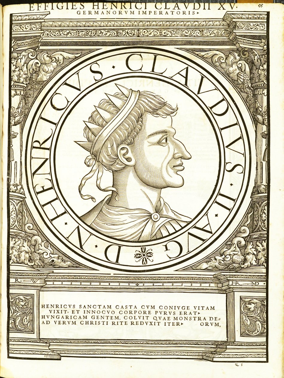 Jindřich II. Claudus, ilustrace od římských císařů celého Východu a Západu s nejautentičtějšími obrázky starověkých mincí, dřevoryt Rudolpha Wyssenbacha, tisk Andreas Gesner, Z od Hans Rudolf Manuel Deutsch