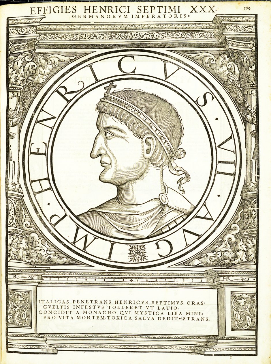 Jindřich VII., ilustrace z „Římští císaři celého Východu a Západu“, dřevoryt od Rudolpha Wyssenbacha, tisk Andreas Gesner, Curych od Hans Rudolf Manuel Deutsch