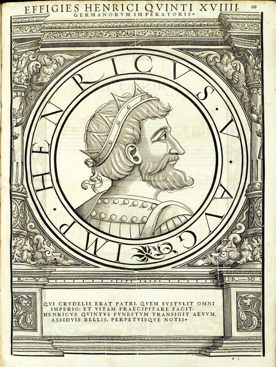 Jindřich V., ilustrace z „Římští císaři celého Východu a Západu“, dřevoryt od Rudolpha Wyssenbacha, tisk Andreas Gesner, Curych od Hans Rudolf Manuel Deutsch
