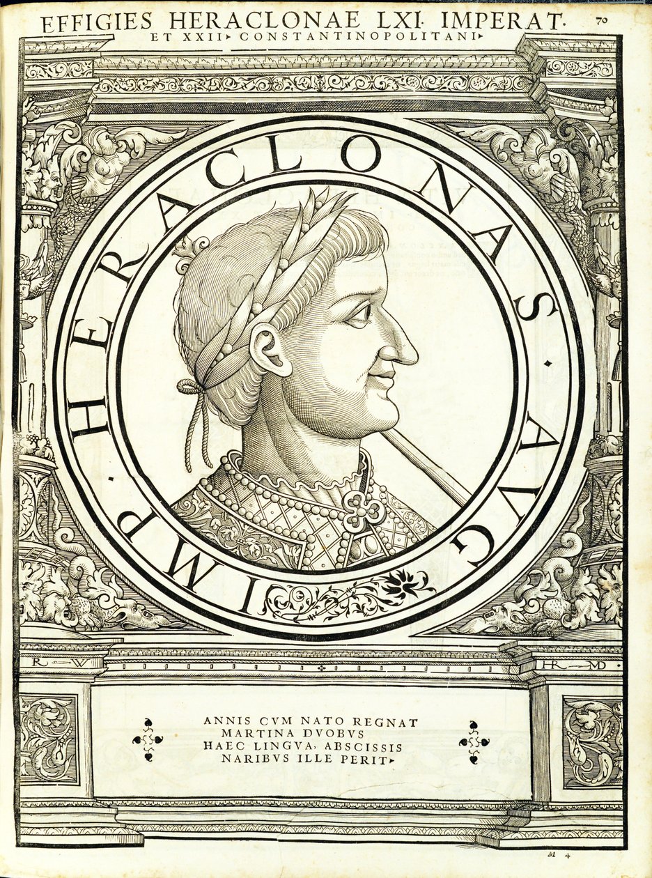 Heraclonas, ilustrace z „Římští císaři celého Východu a Západu“, dřevoryt od Rudolpha Wyssenbacha, tisk Andreas Gesner, Curych od Hans Rudolf Manuel Deutsch
