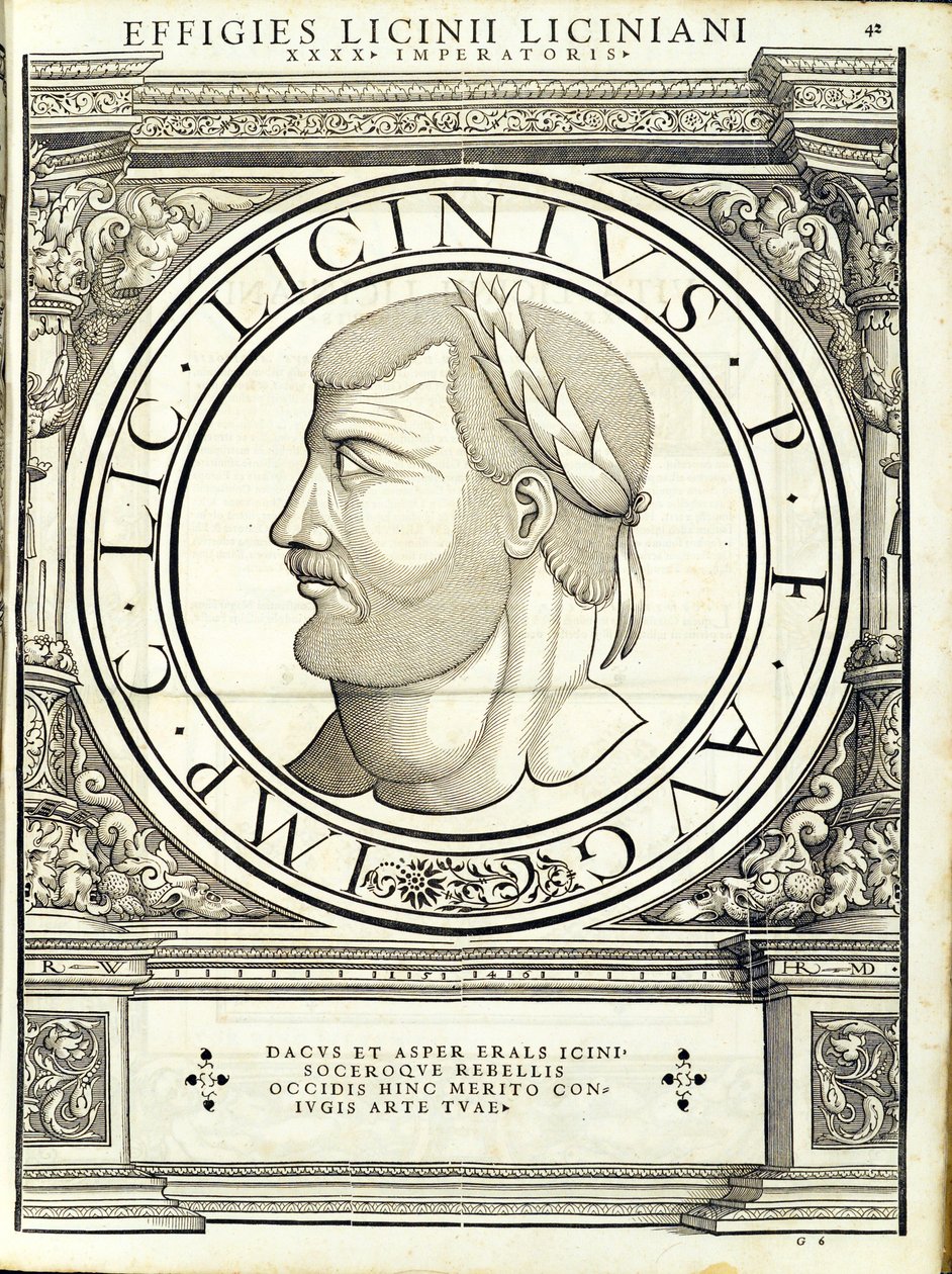 Licinius I., ilustrace z „Římští císaři celého Východu a Západu“, dřevoryt Rudolpha Wyssenbacha, tisk Andreas Gesner, Curych od Hans Rudolf Manuel Deutsch