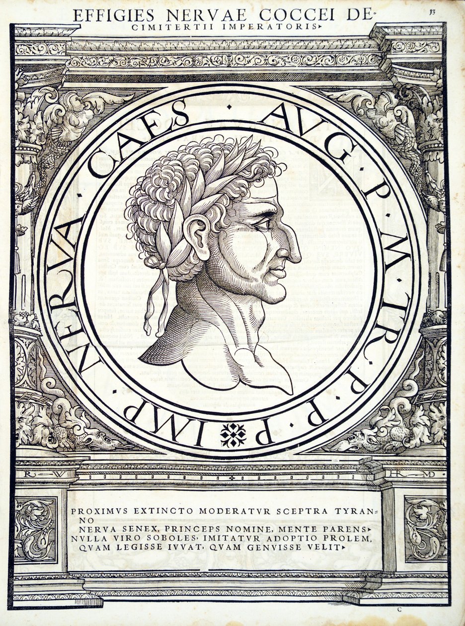 Nerva, ilustrace z „Římští císaři celého Východu a Západu“, dřevoryt od Rudolpha Wyssenbacha, tisk Andreas Gesner, Curych, 1559 od Hans Rudolf Manuel Deutsch