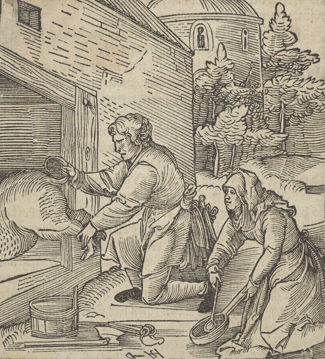 Farmář porážející prase, z Hymmelwagen auff dem, wer wol leben..., 1517. od Hans Schäufelein the Elder