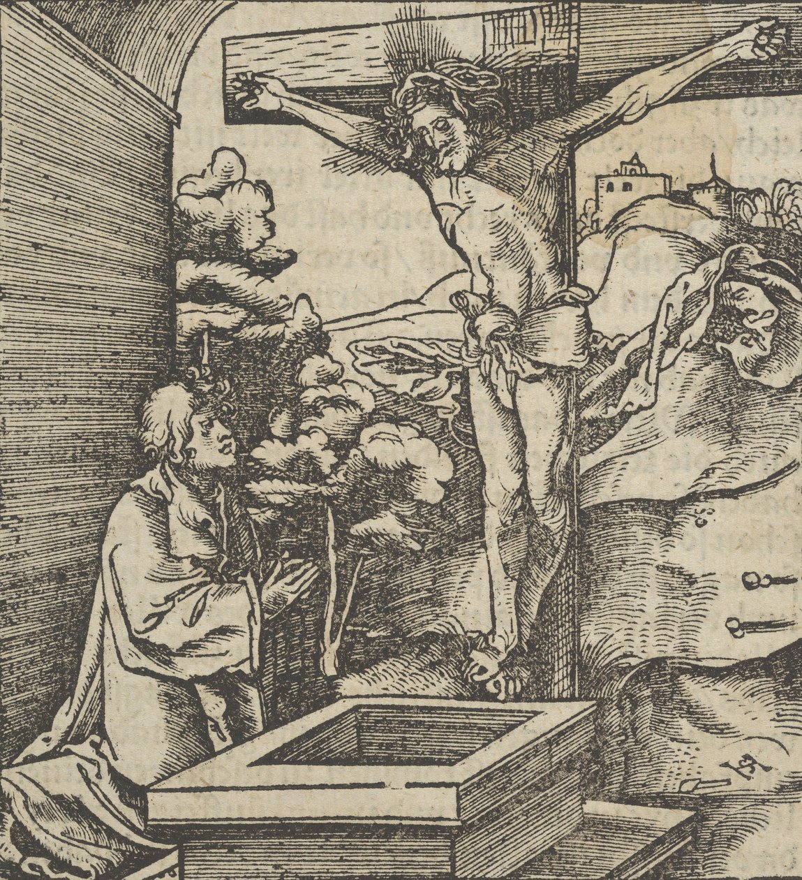 Muž se modlí před krucifixem, z Hymmelwagen auff dem, wer wol Leben..., 1517. od Hans Schäufelein the Elder