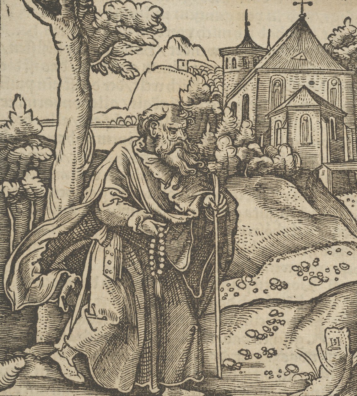 Starý poutník kráčí doprava, z Hymmelwagen auff dem, wer wol Leben..., 1517. od Hans Schäufelein the Elder