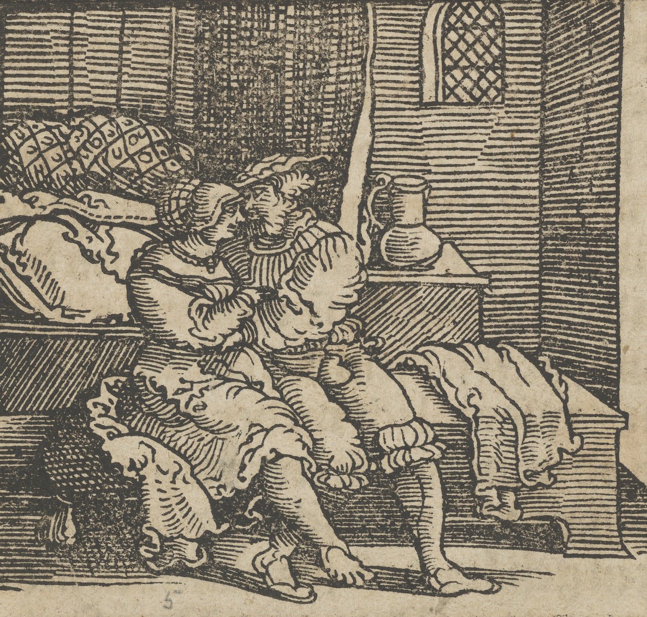 Spinneloccio Zamčený v truhle, na které sedí jeho manželka a Zeppa, z..., před rokem 1534. od Hans Schäufelein the Elder