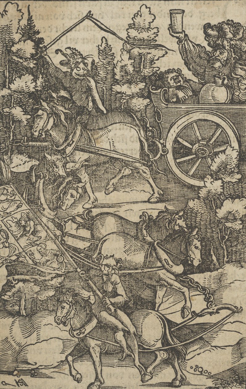 Opilý muž na voze na cestě do pekla, z Hymmelwagen auff dem, wer wol Leben....., 1517. od Hans Schäufelein the Elder