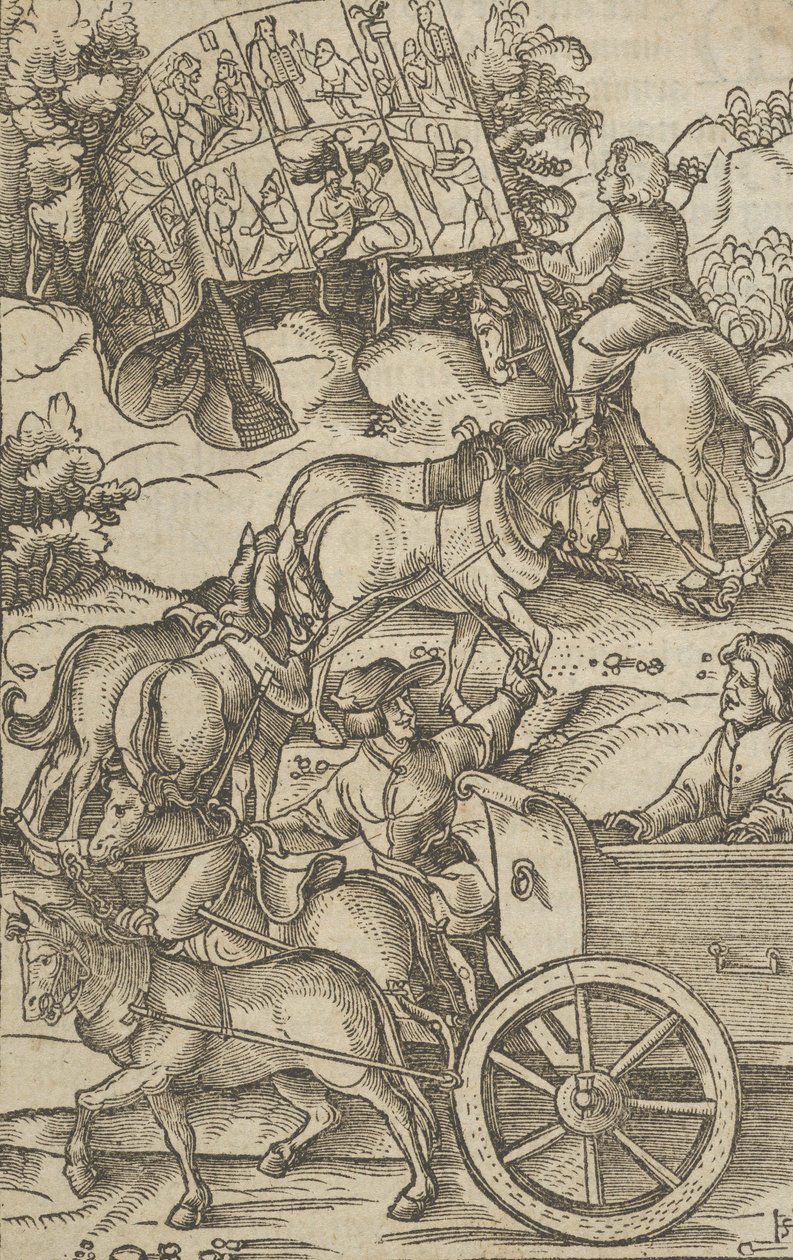 Ctnostný muž na voze na cestě do nebe, z Hymmelwagen auff dem, wer wol leb..., 1517. od Hans Schäufelein the Elder