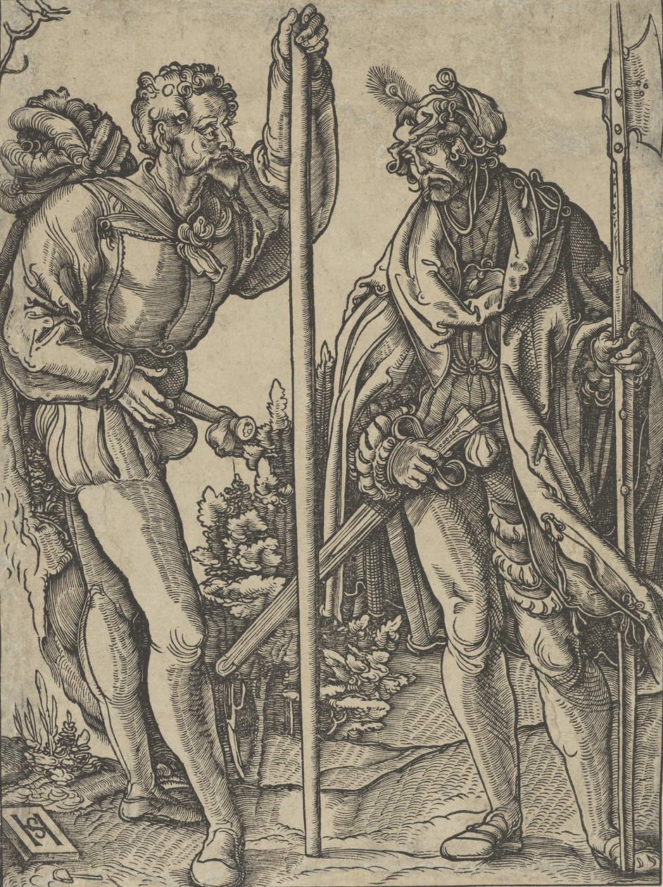 Dva vojáci s Lancem a Halapartnou konverzují, ca. 1515. od Hans Schäufelein the Elder