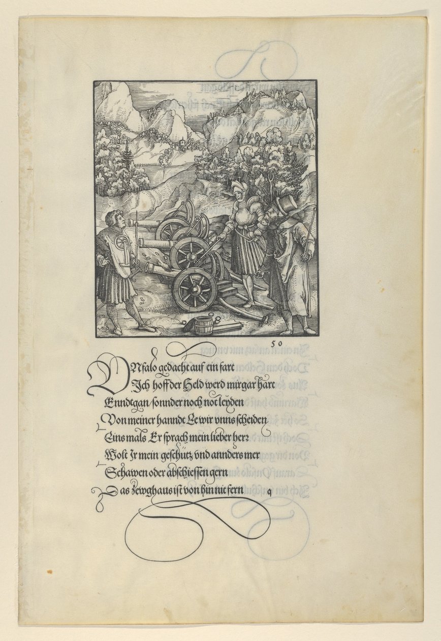 Unfalo ohrožující Theuerdanck, způsobující výbuch tří děl, z Theuerdan..., 1517. od Hans Schäufelein the Elder