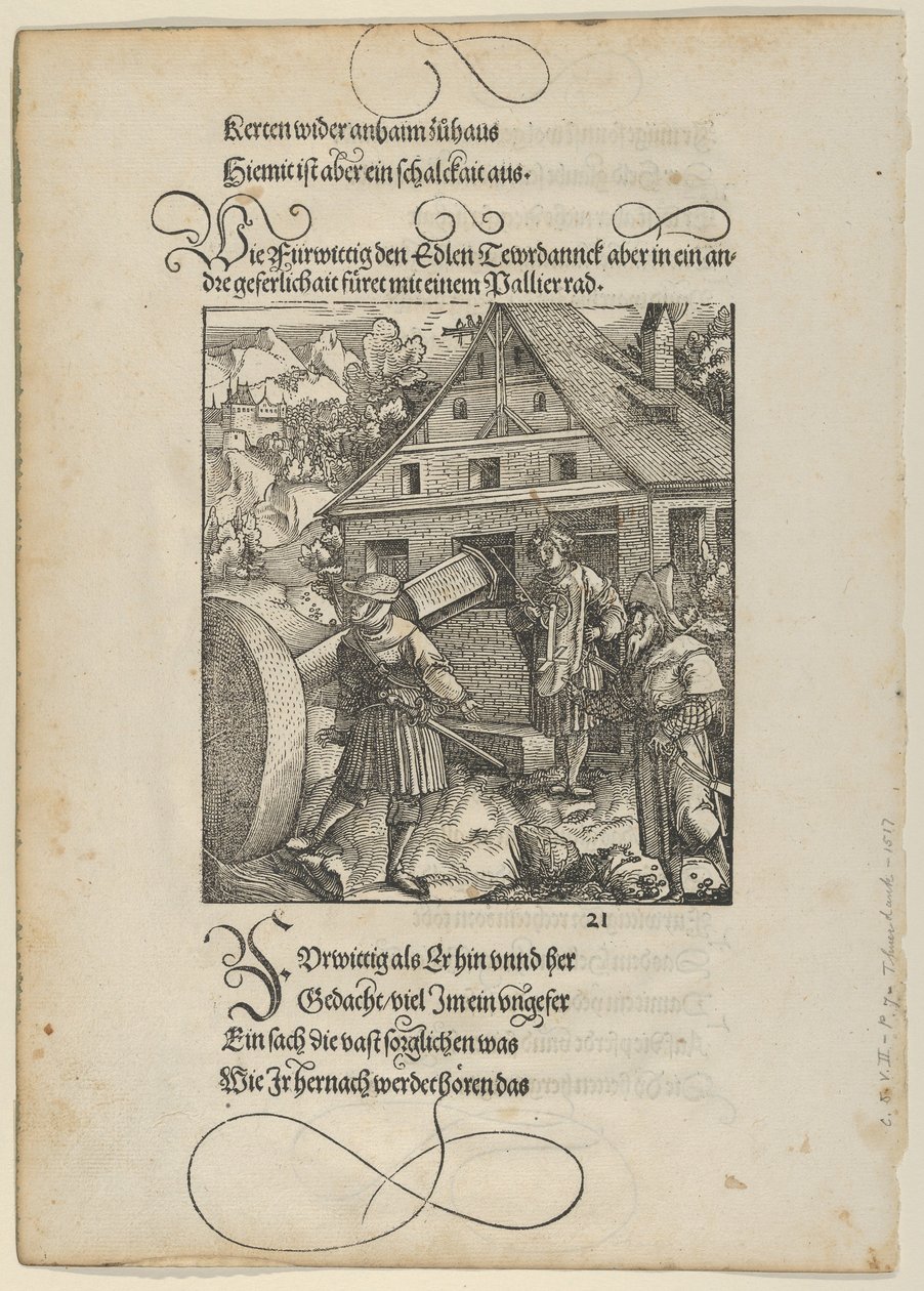 Na výzvu Fürwittiga se Theuerdanck pokouší manipulovat s leštícím kamenem, z Theuerdanck,..., 1517. od Hans Schäufelein the Elder