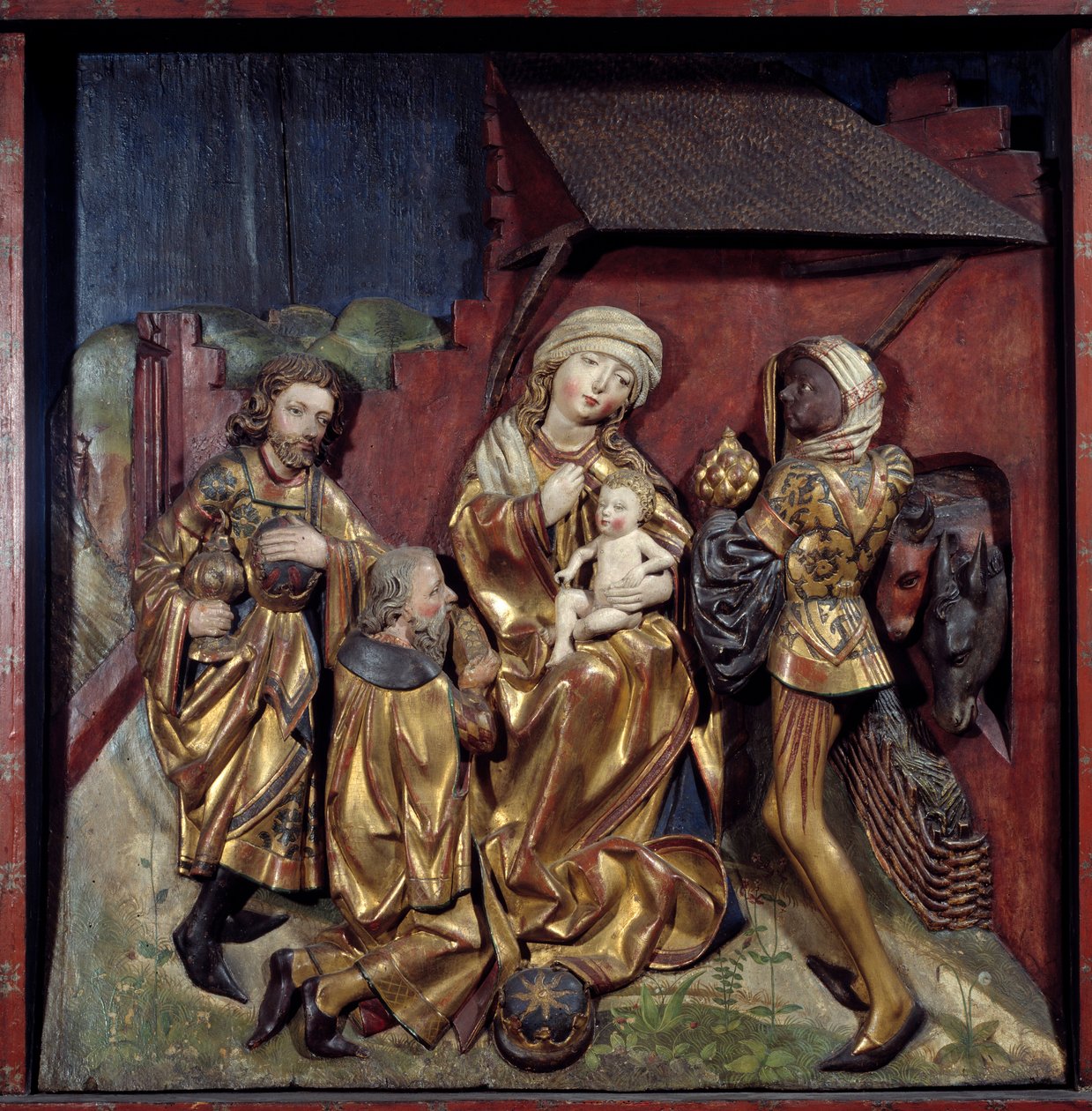 Reliéf Klanění tří králů na polychromovaném zlatém dřevě od Hanse Schuechlina (1440-1505) od Hans Schüchlin