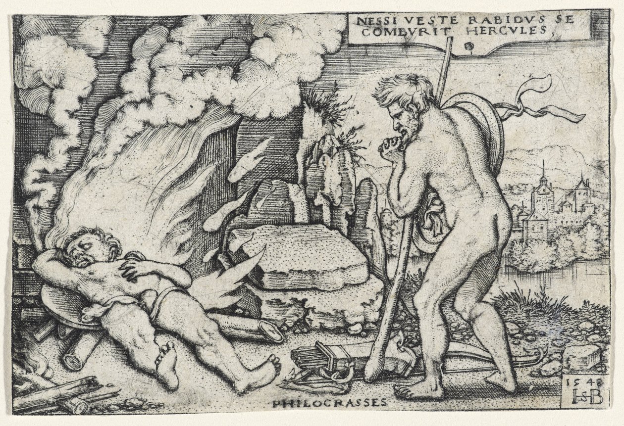 Smrt Herkula, 1548 (rytina na položený papír připevněný na lepenku) od Hans Sebald Beham