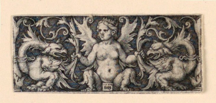 Vlys s okřídlenou ženskou postavou a dvěma groteskními kohouty od Hans Sebald Beham