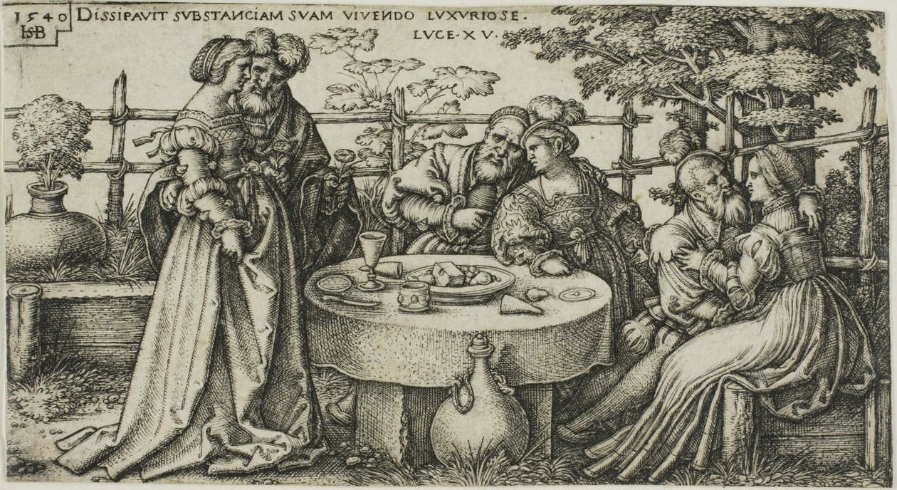 Marnotratný syn plýtvá jměním, druhá deska z Historie marnotratného syna od Hans Sebald Beham