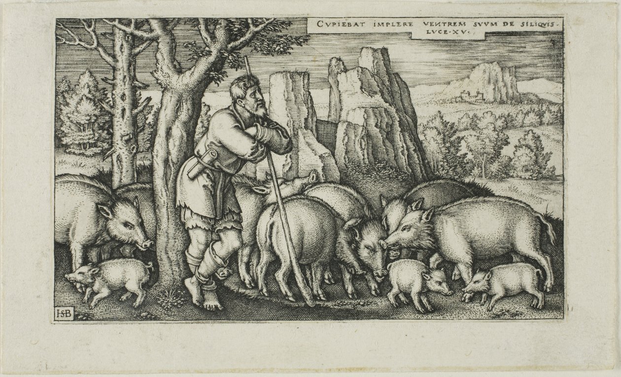 Marnotratný syn se sviní, deska tři z Historie marnotratného syna od Hans Sebald Beham