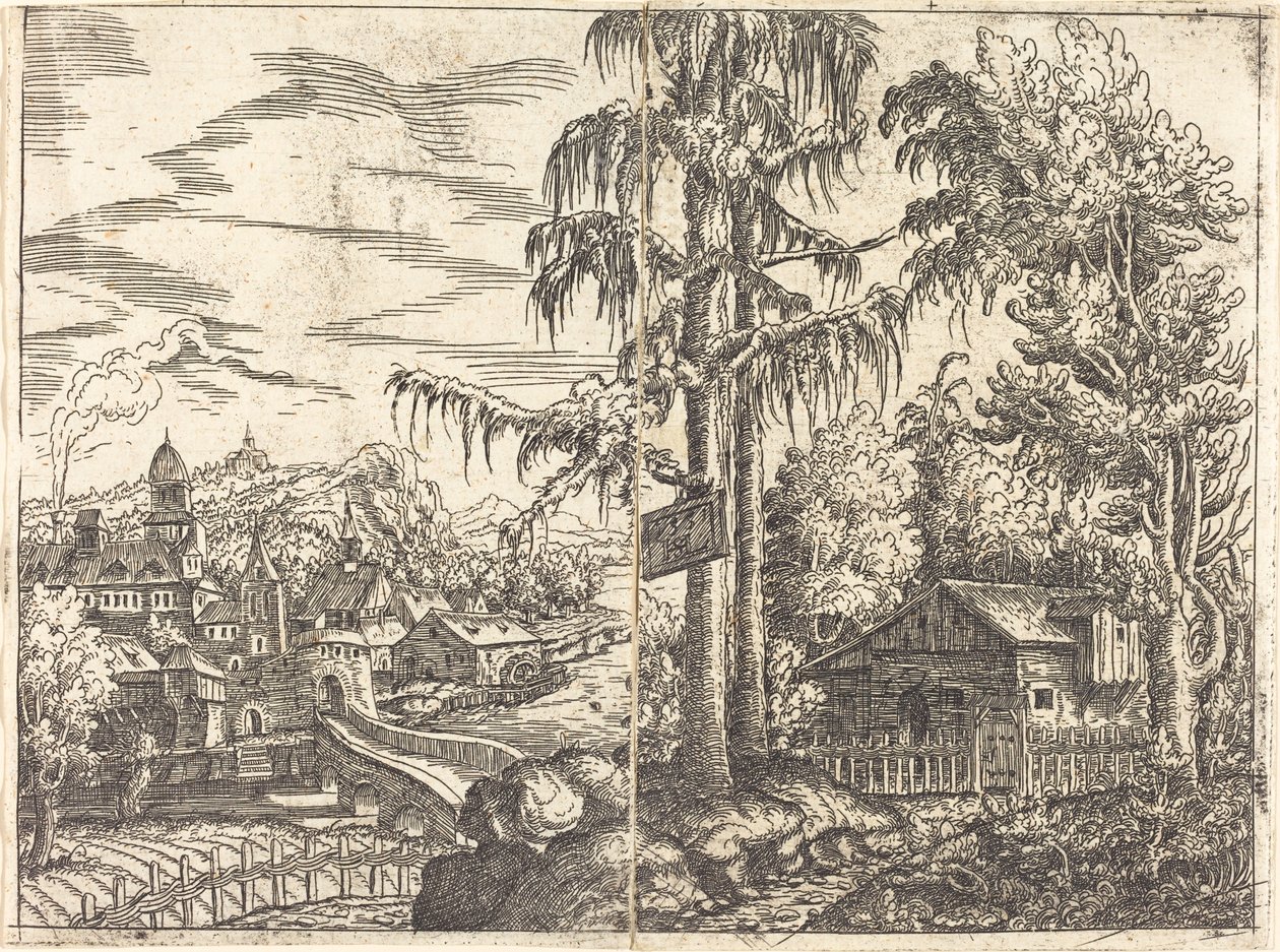 Krajina s výhledem na selskou chalupu a město u řeky, 1551. od Hans Sebald Lautensack
