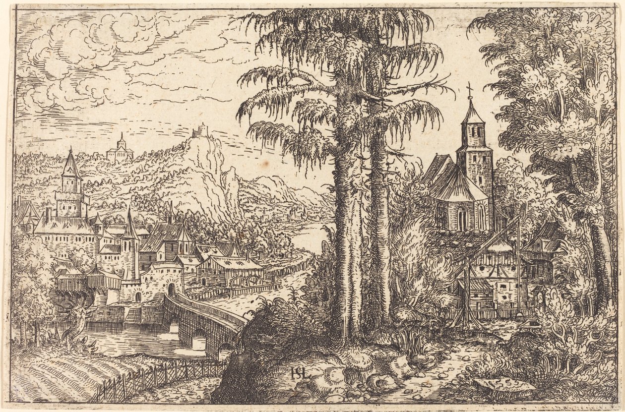Pohled na město u řeky s kostelem vpravo, 1553. od Hans Sebald Lautensack