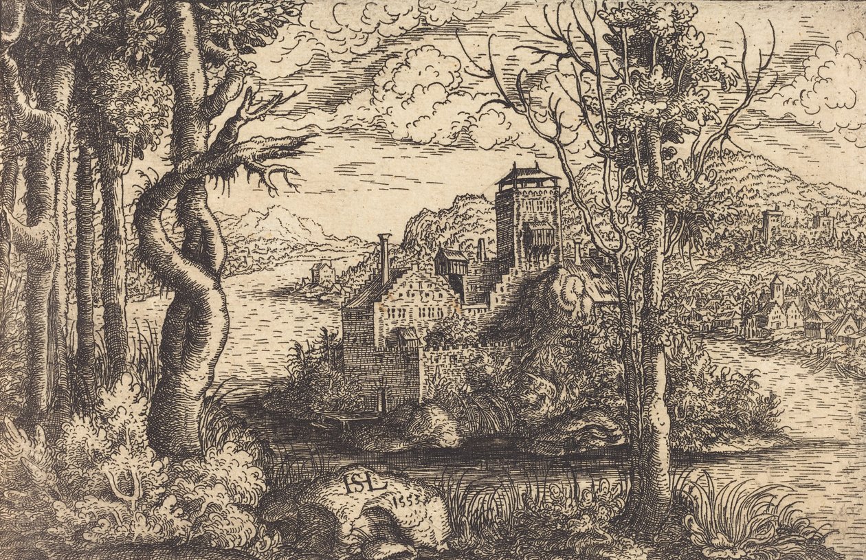 Pohled na řeku s hradem na ostrově, 1553. od Hans Sebald Lautensack