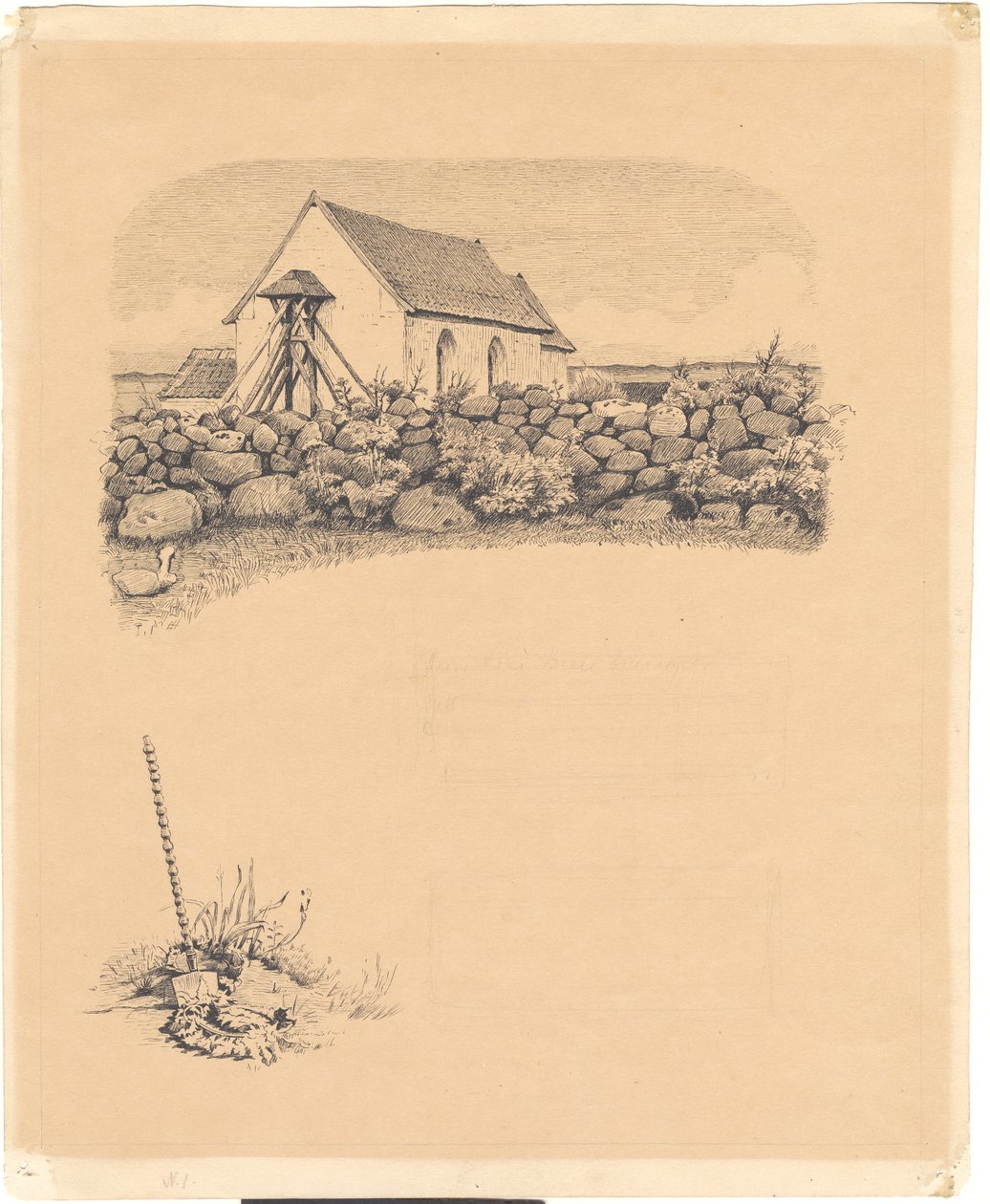 Ilustrace pro sv. Svatý. Tribunály: "Mowns". F.o.: kostel za kameny; f.n.: hrobové místo (?) s rýčem od Hans Smidth