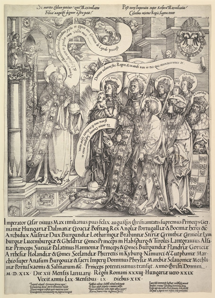 Maxmilián představený svými patrony Všemohoucímu, 1519. od Hans Springinklee