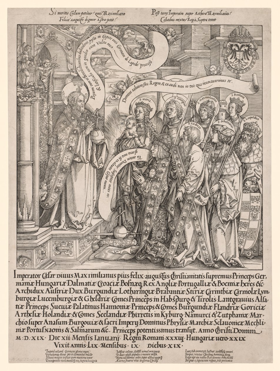 Císař Maxmilián představený svými patrony Všemohoucímu, 1519. od Hans Springinklee