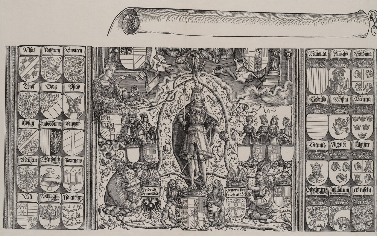 Horní část rodokmenu Maxmiliána s pravým okrajem svitku pro..., 1515. od Hans Springinklee