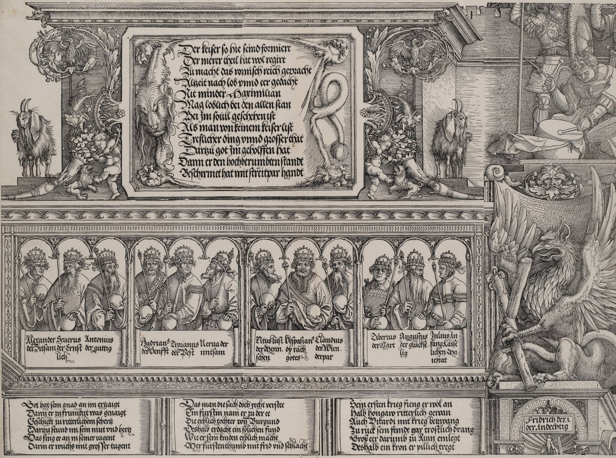 Horní část levého portálu s nápisem na lví kůži, vlys s B..., 1515. od Hans Springinklee