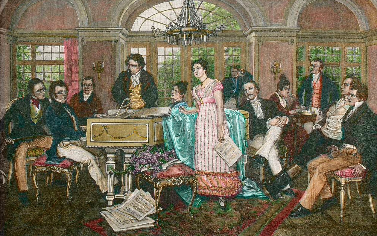 FRANZ SCHUBERT (1797-1828) rakouský skladatel - Schubert Večer u Josepha von Spauna - zleva doprava: Bauernfeld, Schubert, Kupelwieser, Beethoven, sestry Frohlichové, Mayrhofer, Schwind, Spaun, Vogl, Grillparzer - Schubert ve Spaunu po bolesti od Hans Temple