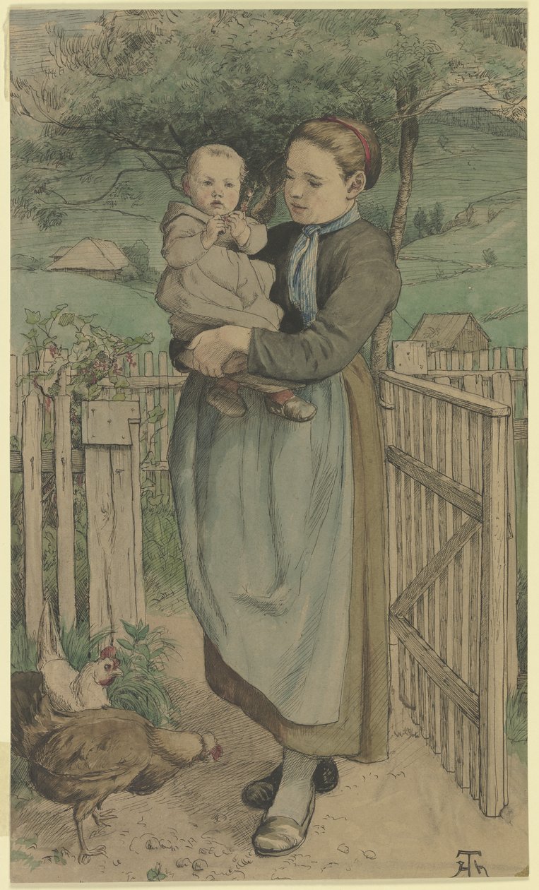 Venkovská dívka s dítětem v náručí, stojící u dřevěného plotu od Hans Thoma