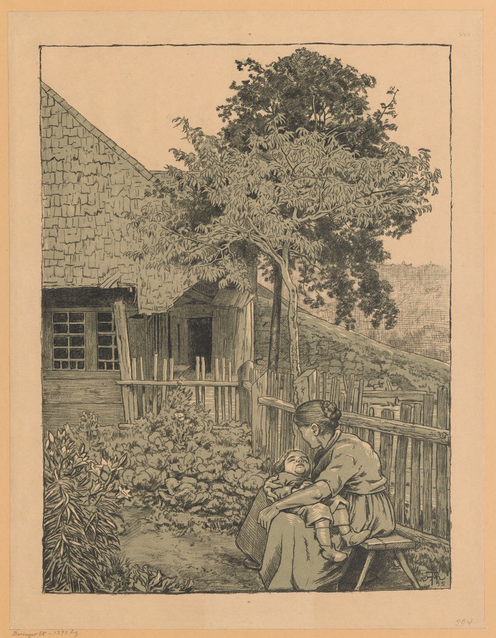 Žena s dítětem sedící v zahradě před domem v Černém lese od Hans Thoma