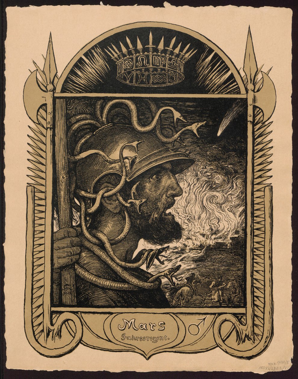 „Mars Jahrersregent“. Mars jako vládce roku. Návrhy pro „Věčný obrazový kalendář“, část II (Immerwährender Bilderkalender) od Hans Thoma