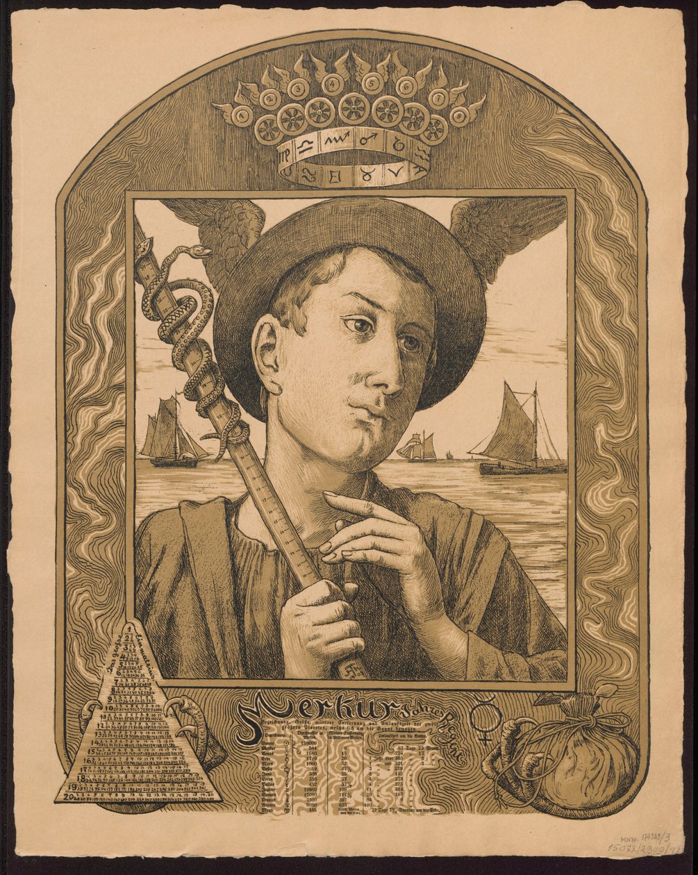 „Merkur Jahrers Regent“. Merkur jako vládce roku. Návrhy pro „Věčný obrazový kalendář“, část II, 1901 (Immerwährender Bilderkalender) od Hans Thoma