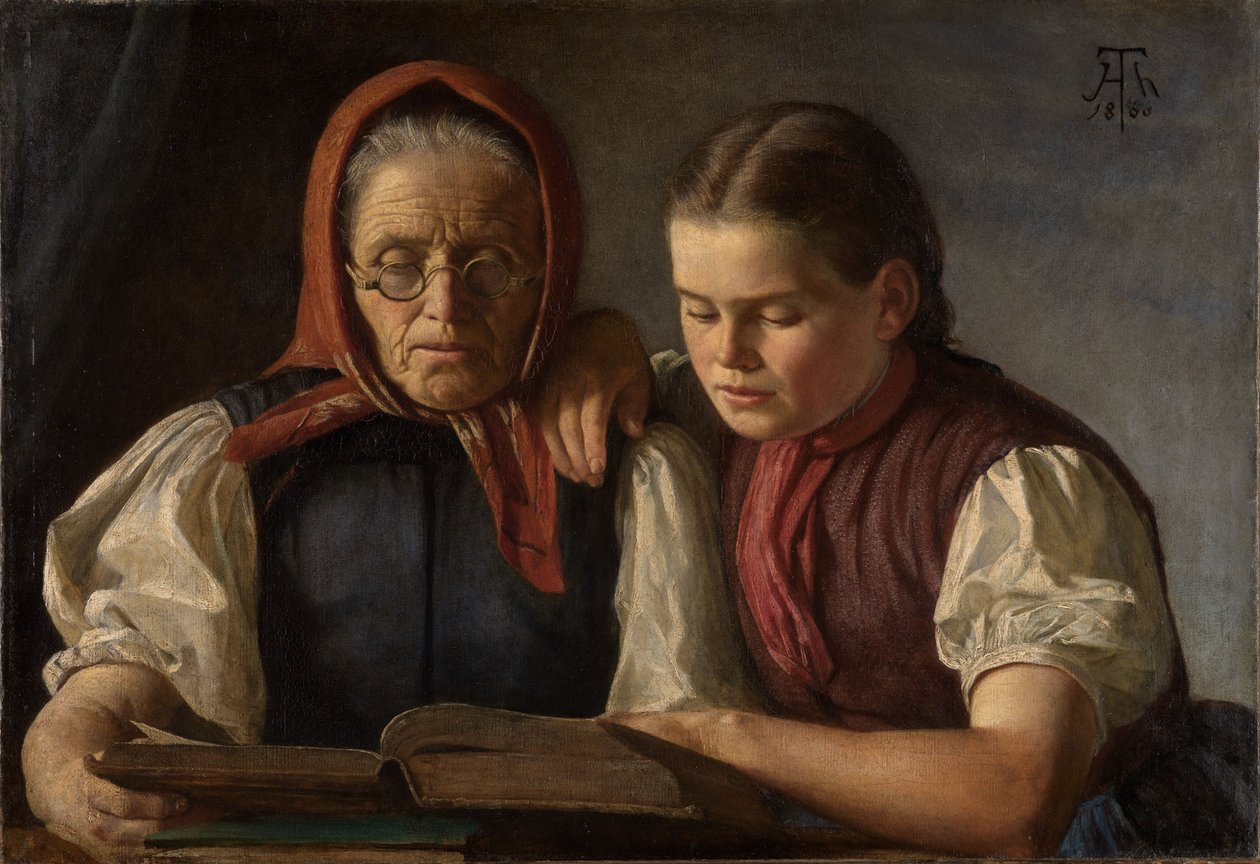 Matka a sestra umělce čtou Bibli od Hans Thoma