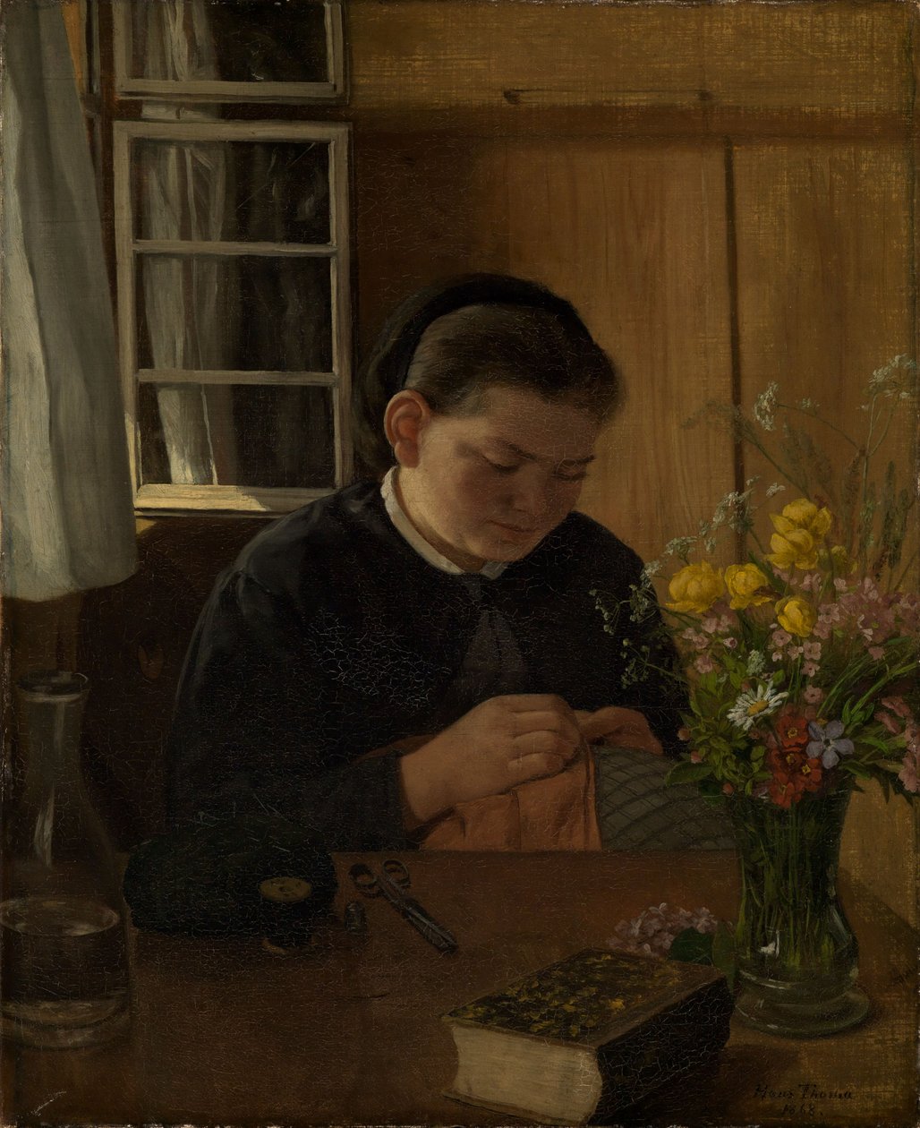 Šijící dívka od Hans Thoma