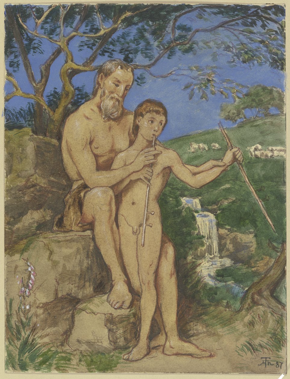 Starý a mladý faun od Hans Thoma