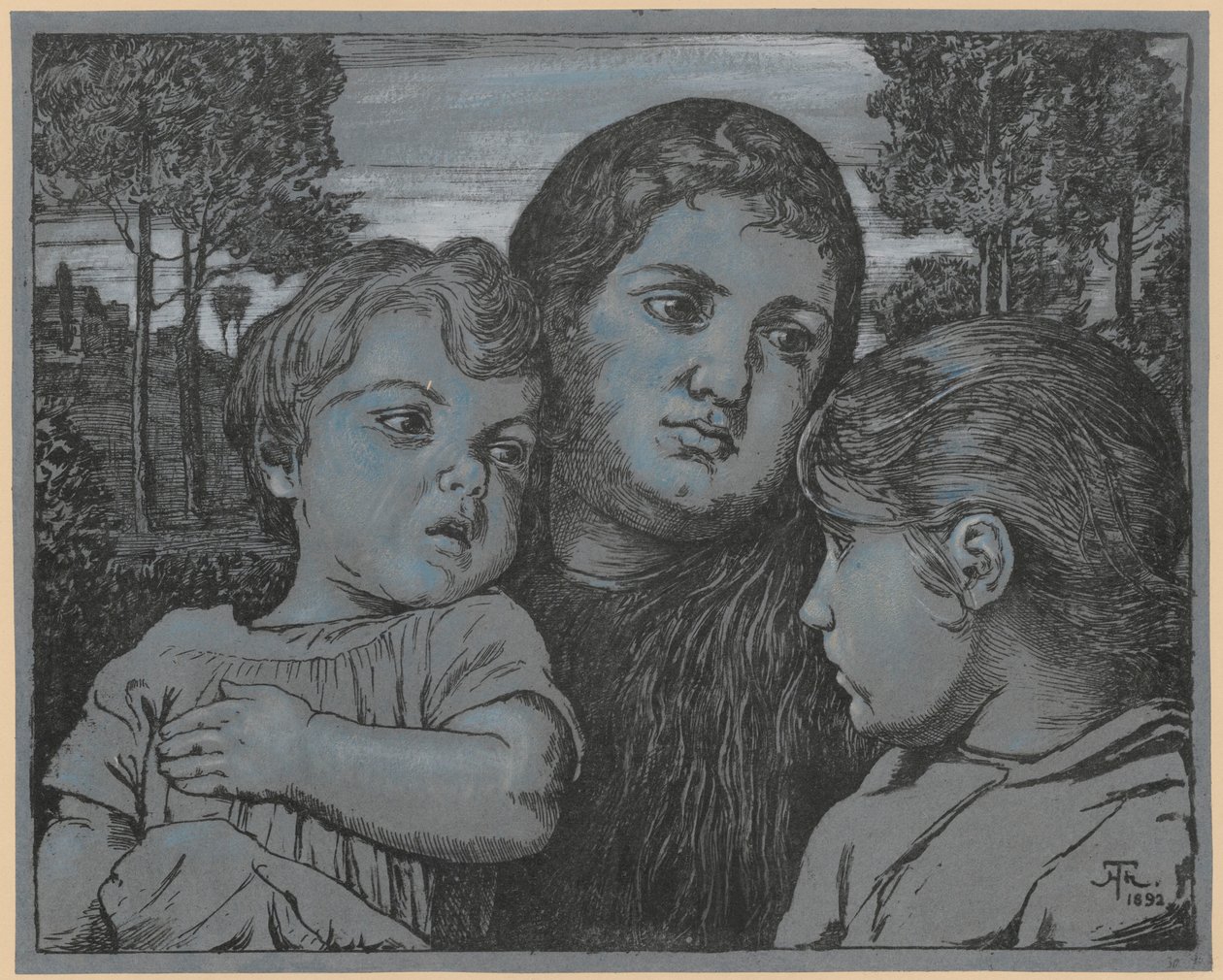 Portrét umělcovy manželky Celli se dvěma dětmi před krajinou od Hans Thoma