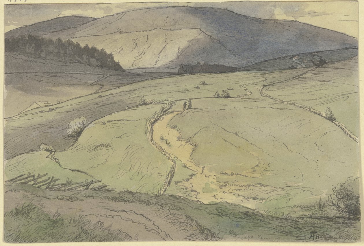 Krajina Černého lesa, pohled přes zvlněné louky k vyšším horám od Hans Thoma