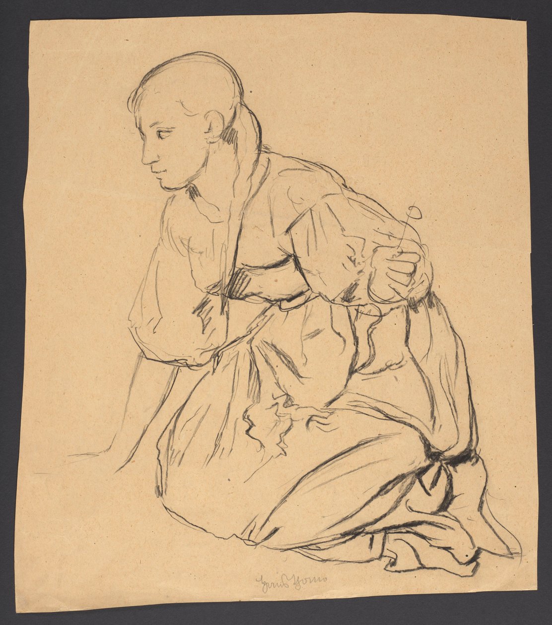 Studie eines Mädchens, das auf einer Wiese kniet od Hans Thoma